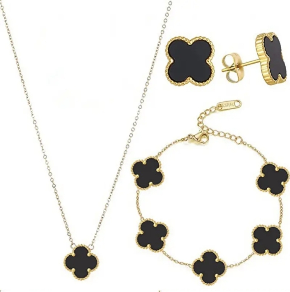 18K Gold Plated Black Alhambra Clover Motifs Set of Bracelet Earrings & Necklace
